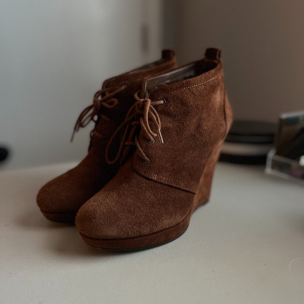 Jessica Simpson Brown Suede Wedge Lace-Up Classy Ankle Boots sz 7-8